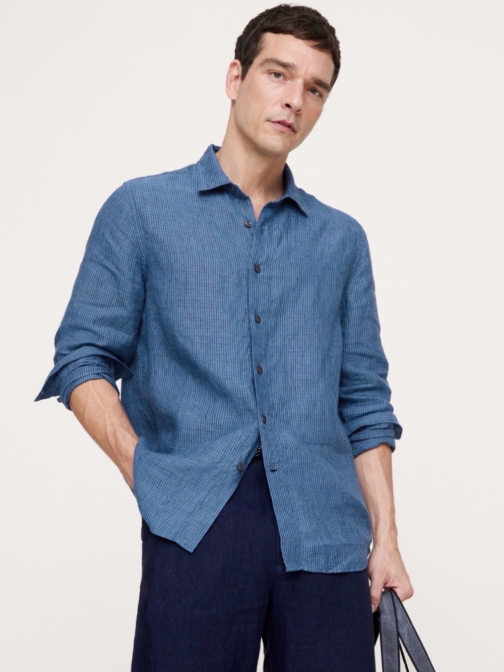 NWT Banana Republic Standard Fit Textured Linen Navy Blue Stripe Shirt Sz M/T